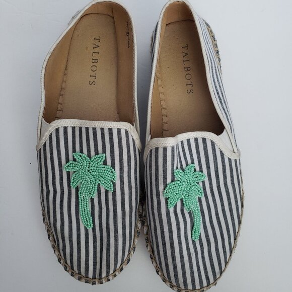 Talbots Izzy Nautical Beaded Palm Striped Canvas Espadrilles Flat Shoes - Picture 2 of 8